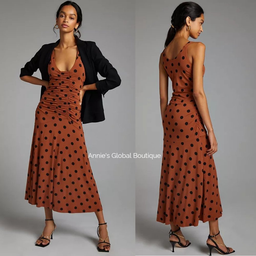 RARE NWT ANTHROPOLOGIE Maeve Ruched Polka Dot Midi Dress. Size L - Picture 2 of 16